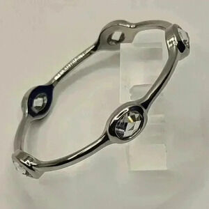 SIlvertone bangle bracelet with clear rhinestones EUC